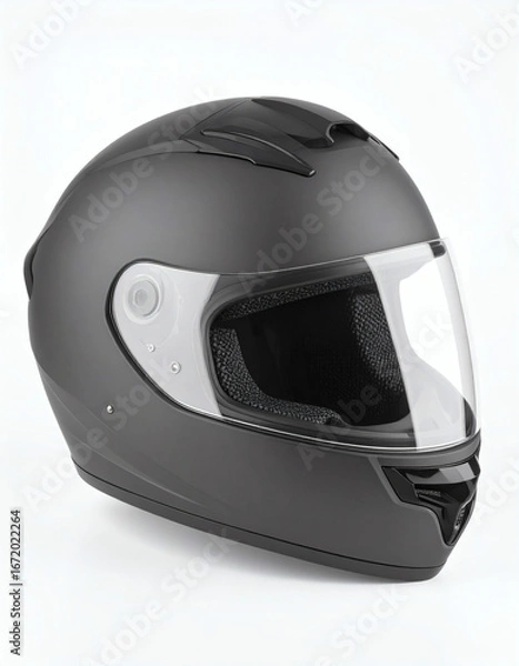 Fototapeta Matte black full-face motorcycle helmet with clear visor on white background.