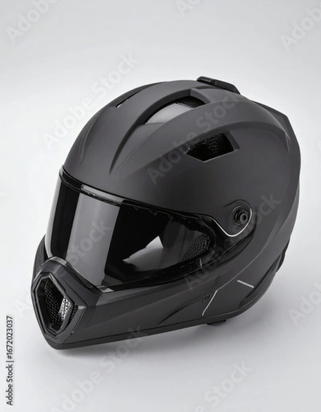 Fototapeta Close-up shot of a matte black motorcycle helmet with a dark visor, showcasing its design.