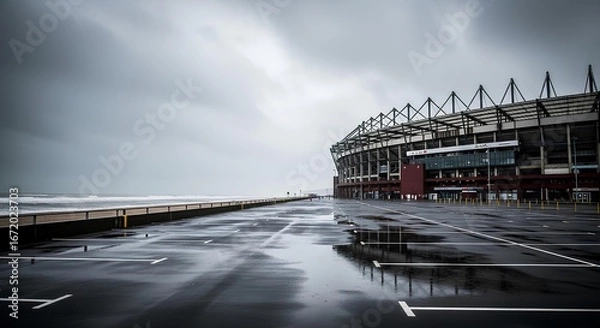 Fototapeta Empty parking lot in front of a large stadium on a cloudy day with the ocean in the background