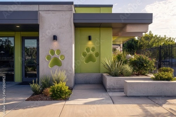 Obraz Contemporary veterinary or pet daycare building with green facade and paw print signage, ideal for animal care, business, and lifestyle themes