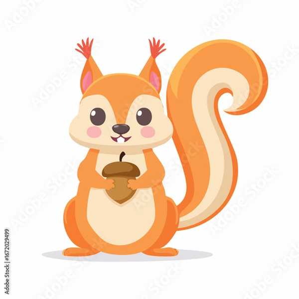 Obraz Cute cartoon squirrel holding an acorn, cheerful expression, simple design.