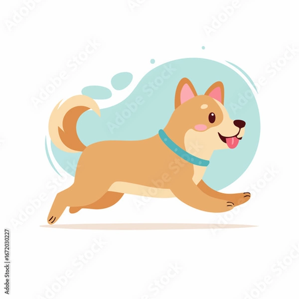 Obraz A happy, cartoon Shiba Inu dog with a wagging tail joyfully running with its tongue out.