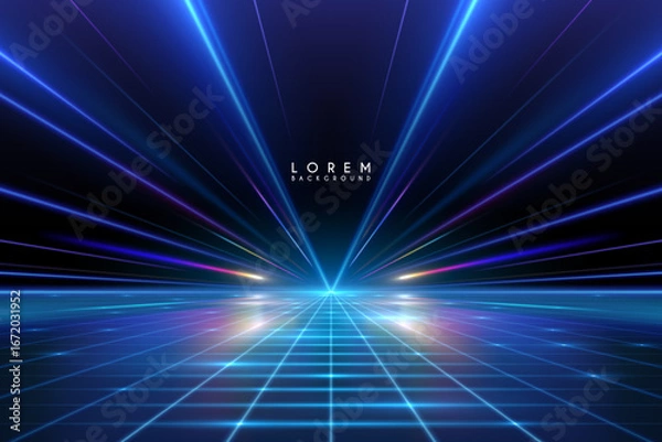 Fototapeta Light rays effects background with grid on floor