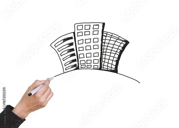 Obraz female hand drawing city on white background