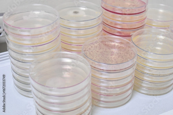 Obraz Colonies of bacteria growth on agar plate medium in laboratory.	