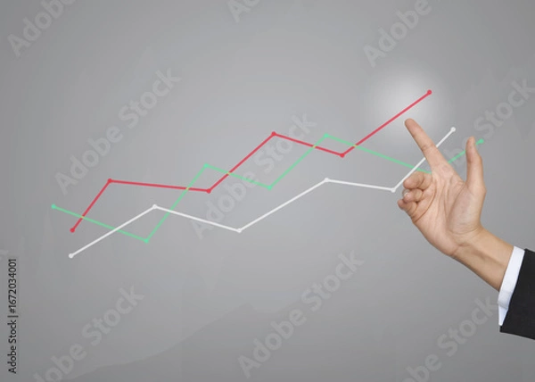 Obraz Business hand touching growth graphs of financial indicator and accounting market economy analysis chart, business strategy concept.