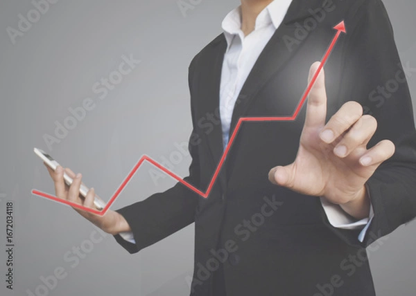 Obraz Business hand touching growth graphs of financial indicator and accounting market economy analysis chart, business strategy concept.