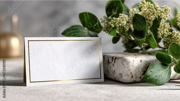 Fototapeta A blank card beside green foliage and a stone. Ideal for wedding invitations, event stationery, and nature - inspired greeting card designs.
