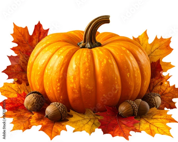 Fototapeta Classic Pumpkin with Autumn Leaves and Acorns, isolated on transparent background