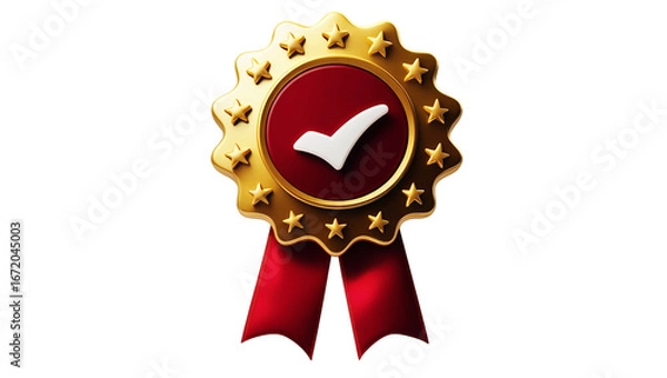 Obraz Golden award ribbon with red center and white checkmark isolated on transparent background