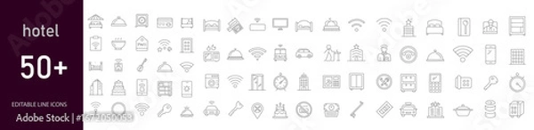 Obraz Hotel icon set. Containing bed, key, reception, breakfast, room service, swimming pool, Wi-Fi, gym, laundry, spa, parking, and more. Editable line icons. Vector illustration