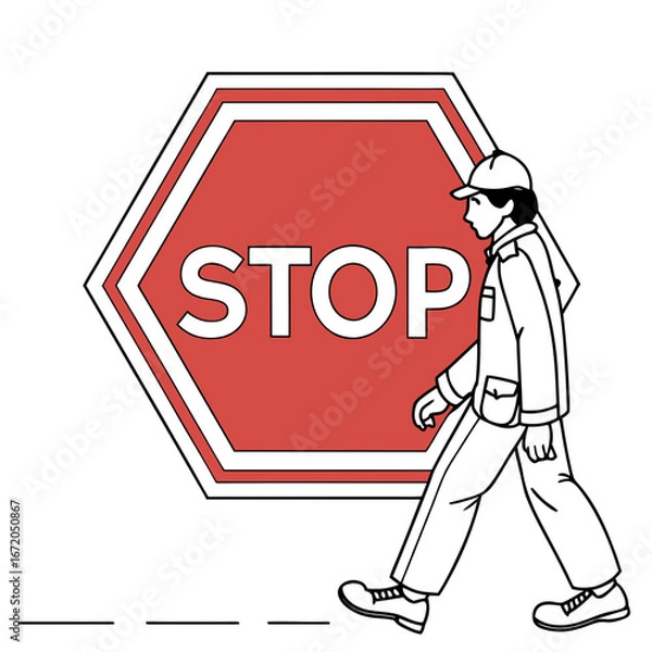 Obraz An illustration of a crossing guard walks past a stop sign. The stop sign is red and white and has the word "STOP" in white letters.