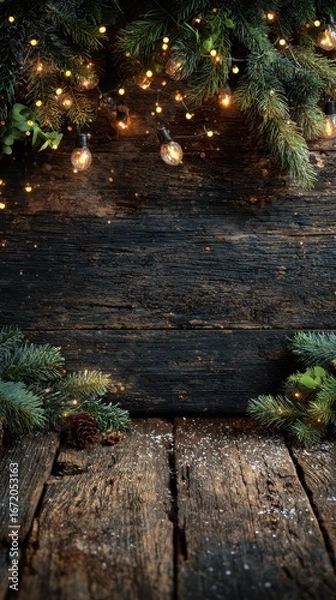 Fototapeta Decorative arrangement with pine branches and fairy lights on rustic wooden background for holiday celebrations