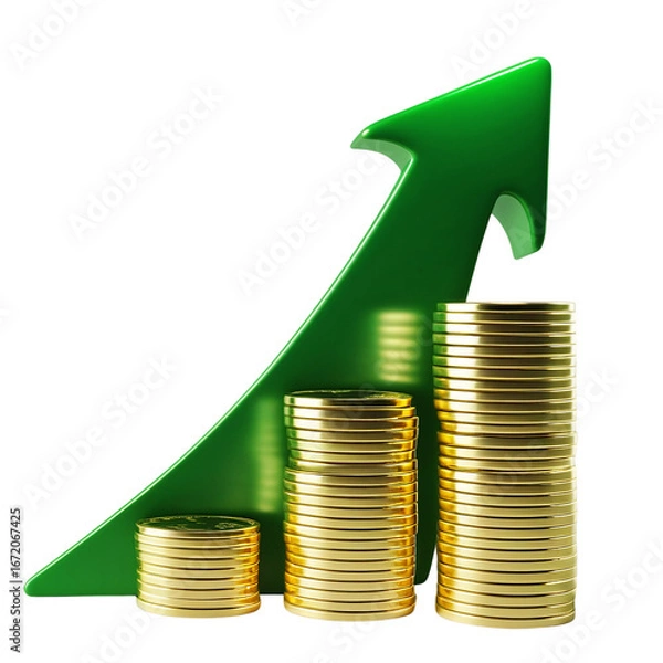 Obraz Green upward arrow graph with stacks of gold coins isolated on transparent background