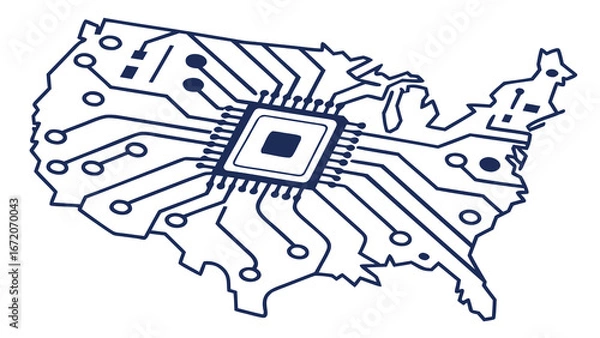 Fototapeta United states map overlaid with a circuit board pattern in blue on a white background visual created with generated ai
