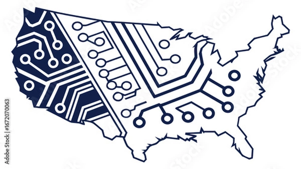 Fototapeta United states map filled with a circuit board pattern in blue and white on a white background created with generated ai