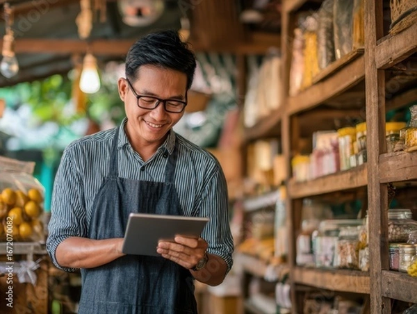 Fototapeta Smiling male shopkeeper using tablet in vibrant market setting with colorful goods and wooden shelves showcasing fresh produce and spices