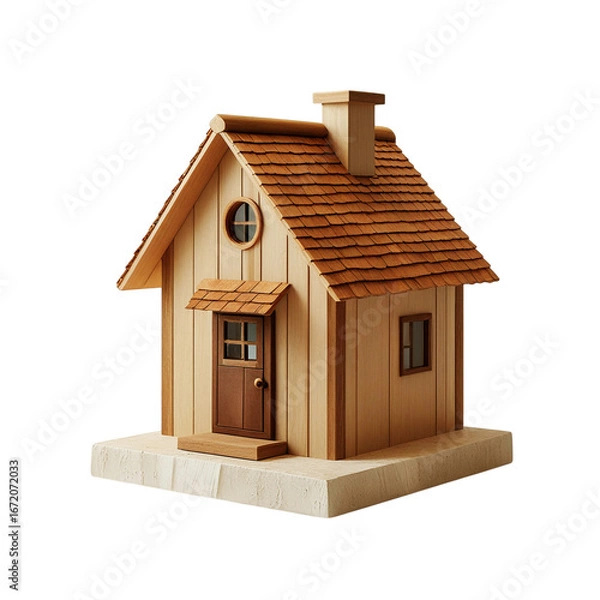 Obraz Small wooden cabin with a chimney and a round window isolated on transparent background