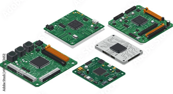 Fototapeta Isometric electronic circuit boards featuring microchips and connectors