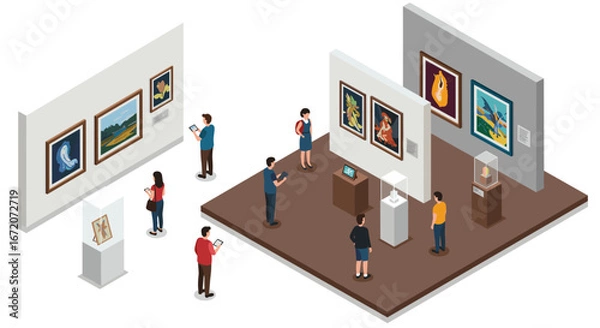 Fototapeta Art exhibition with people viewing various paintings and sculptures in isometric gallery