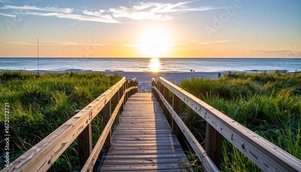 Obraz Wooden Pathway to the Ocean at Sunset – Peaceful Beach Landscape with Golden Sky Reflection