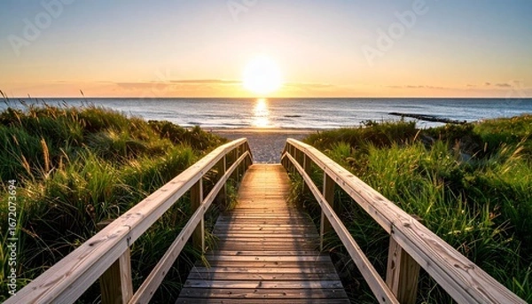 Obraz Wooden Pathway to the Ocean at Sunset – Peaceful Beach Landscape with Golden Sky Reflection