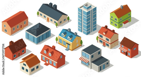 Obraz Isometric urban architecture: diverse building designs for dynamic cityscapes
