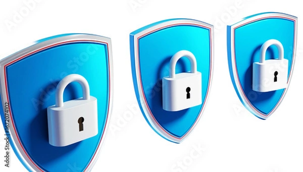 Obraz Three blue shields with white padlocks representing security and protection isolated on transparent background