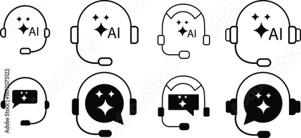 Obraz ai customer service icon set. Virtual help chat bot with headset. customer support bots
