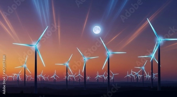 Fototapeta Futuristic wind farm with glowing turbines under a dramatic sunset sky and a bright moon, symbolizing renewable energy and technological advancement.