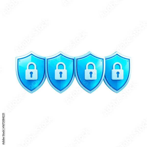 Obraz Four blue shields with locks security concept isolated on transparent background