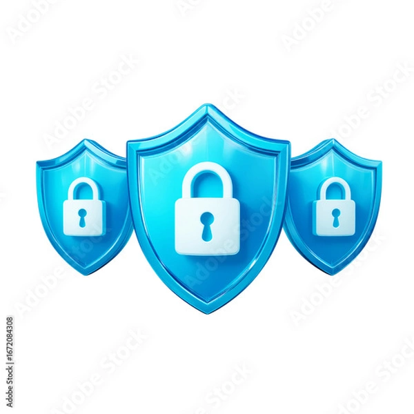Obraz Three blue shields with white padlocks symbolizing security and protection isolated on transparent background