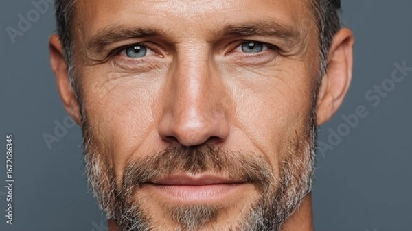 Obraz Male cosmetologist showcasing facial features and grooming techniques in a modern setting