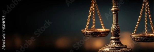 Fototapeta Scales of justice represent fair legal system in courtroom setting during evening hours with blurred background