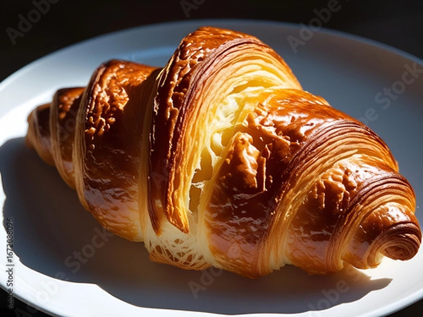 Fototapeta Crispy Croissants Layered with Butter with a Golden Texture on a White Plate