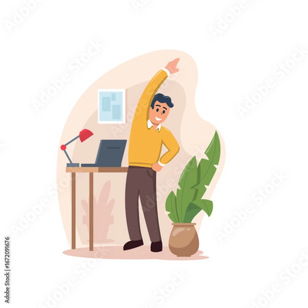 Fototapeta Office Stretching Vector Illustration, Man Doing Workplace Exercise at Desk
