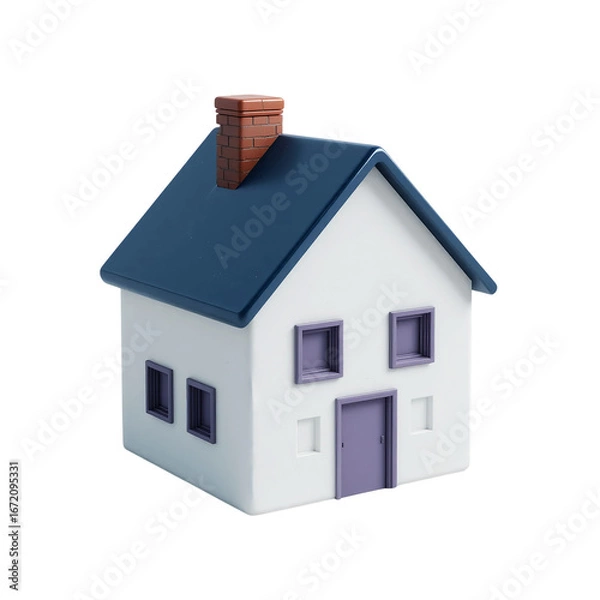 Obraz Small white house with blue roof and chimney isolated on transparent background