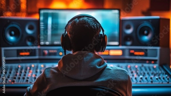 Fototapeta Music producer working on sound mixing in a modern studio during night hours