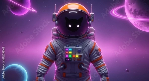 Fototapeta An astronaut suit with a cat silhouette inside, floating in a vibrant, cosmic space scene.