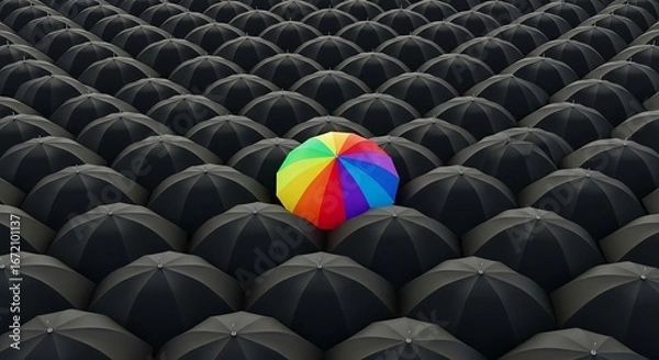 Fototapeta A single vibrant rainbow umbrella stands out among a sea of identical black umbrellas, symbolizing individuality and uniqueness.