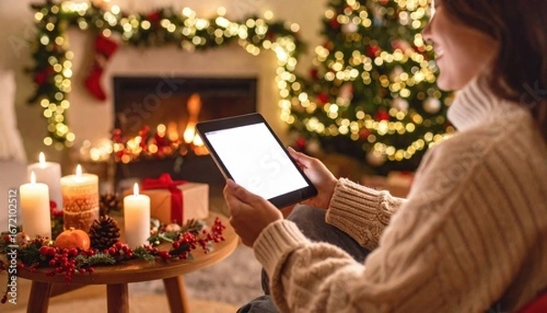 Fototapeta Woman Relaxing on Couch Engrossed in Tablet Enjoying Cozy Indoor Space with Warm Lighting and Comfort