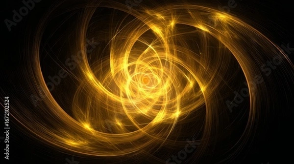 Fototapeta Radiant bright yellow glowing threads forming layered spiral pattern, abstract swirl of digital energy, futuristic light waves, luminous vortex, glowing fiber lines, dynamic motion, technology concept