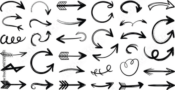 Fototapeta Collection of hand-drawn arrows and curving lines for design and navigation elements