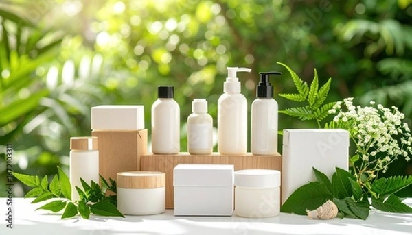 Fototapeta Elegant Arrangement of Black and White Bottles Surrounded by Lush Green Leaves in Natural Setting