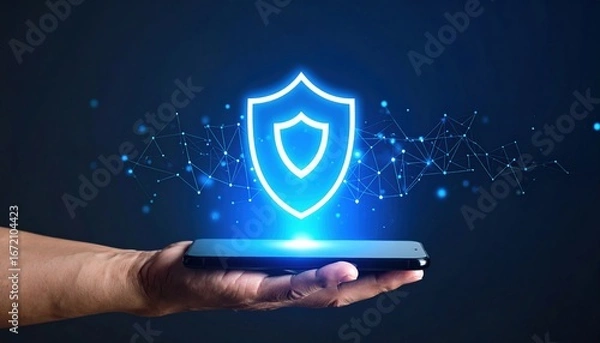 Fototapeta Hand Holding Smartphone Displaying Shield Icon Symbolizing Security and Protection in Digital World