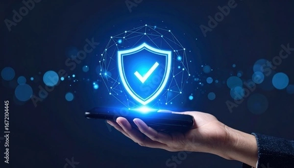 Fototapeta Hand Holding Smartphone Displaying Shield Icon Representing Security Protection and Digital Safety Concept