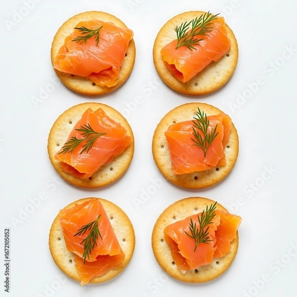 Fototapeta top view of crackers with smoked salmon and dill, isolated on white background
