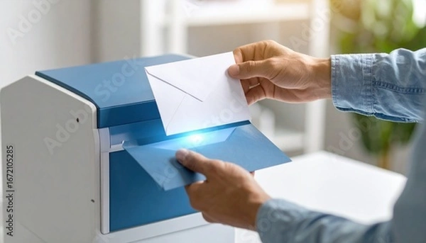 Fototapeta Person In Casual Attire Placing Handwritten Letter Into Traditional Mailbox On A Bright Sunny Day