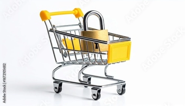 Fototapeta Shopping Cart with a Padlock Symbolizing Security and Protection in Retail and Consumer Shopping Context