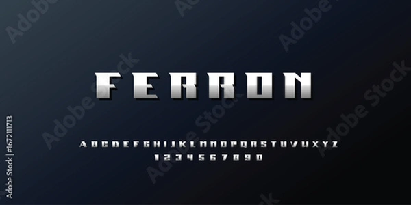 Fototapeta Ferron Font. Industrial Steel-Inspired Display Typeface with Bold Geometric Shapes. Metallic and Rugged Capital Letters for Strong Branding, Logos, and Heavy Design. Vector Illustration.
